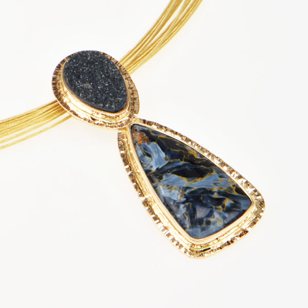 Pietersite and Black Drusy Quartz Cabochon Pendant
