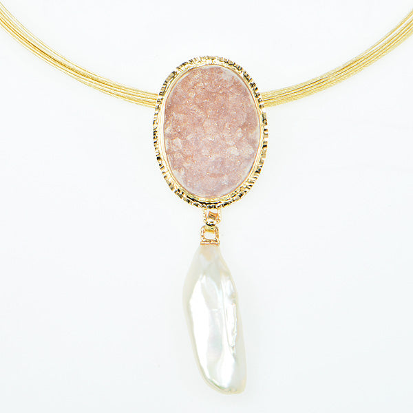 Drusy Rose Quartz Cabochon and Freshwater Pearl Pendant