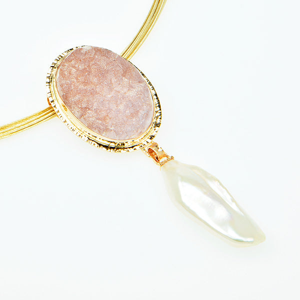 Drusy Rose Quartz Cabochon and Freshwater Pearl Pendant