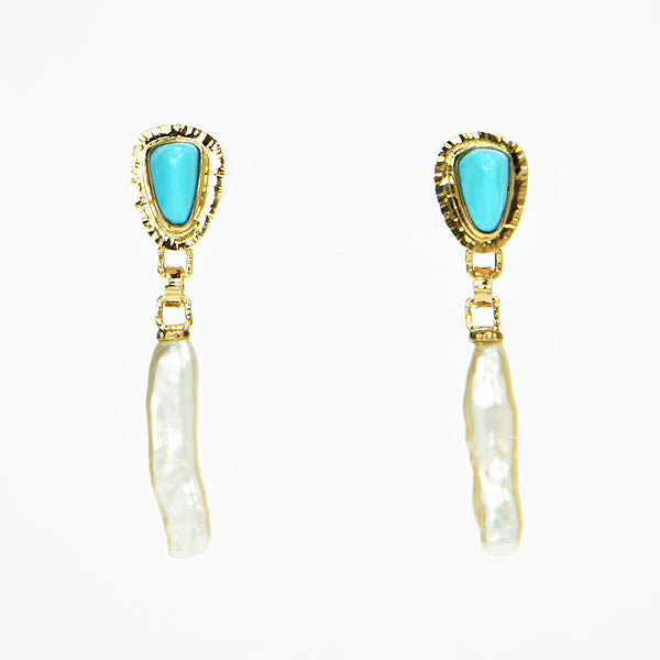 Sleeping Beauty Turquoise Cabochon and Freshwater Pearl Earrings