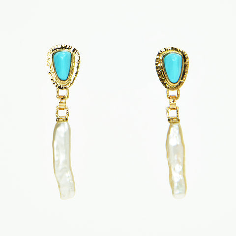Sleeping Beauty Turquoise Cabochon and Freshwater Pearl Earrings