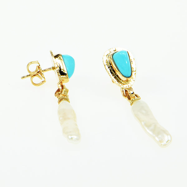 Sleeping Beauty Turquoise Cabochon and Freshwater Pearl Earrings