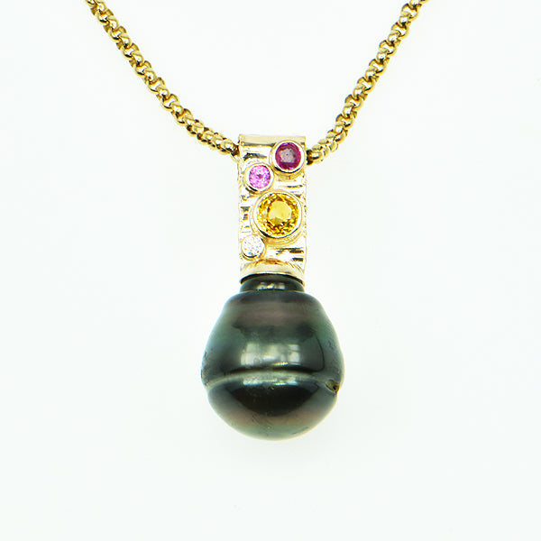 Tahitian Pearl, Faceted Sapphire and Diamond Pendant