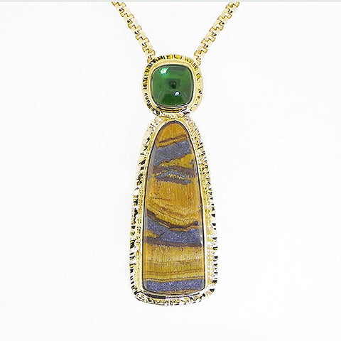 Rough Tiger Eyes and Green Tourmaline Cabochon Pendant