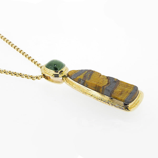 Rough Tiger Eyes and Green Tourmaline Cabochon Pendant
