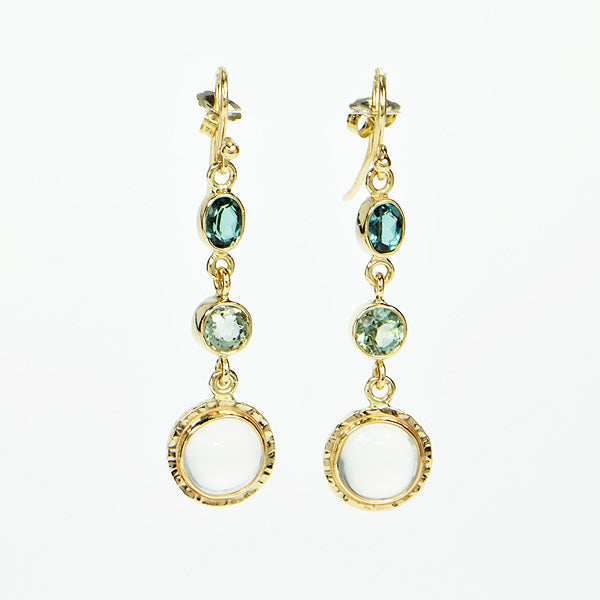 Green Tourmaline Faceted and Ceylon Moonstone Cabochon Earrings