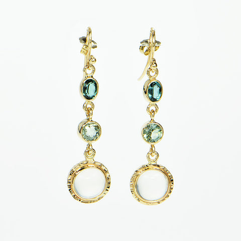 Green Tourmaline Faceted and Ceylon Moonstone Cabochon Earrings
