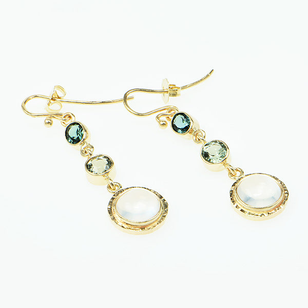Green Tourmaline Faceted and Ceylon Moonstone Cabochon Earrings