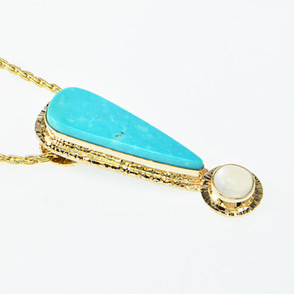 Kingman Turquoise and Ceylon Moonstone Cabochon Pendant