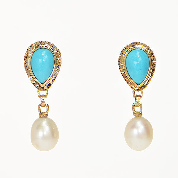 Persian Turquoise and  Pearl Drop Cabochon Earrings