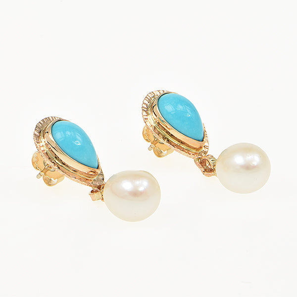 Persian Turquoise and  Pearl Drop Cabochon Earrings