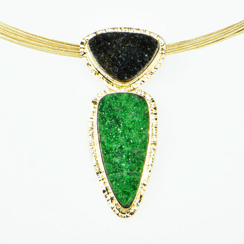 Drusy Uvarovite Garnet and Drusy Black Quartz Cabochon Pendant