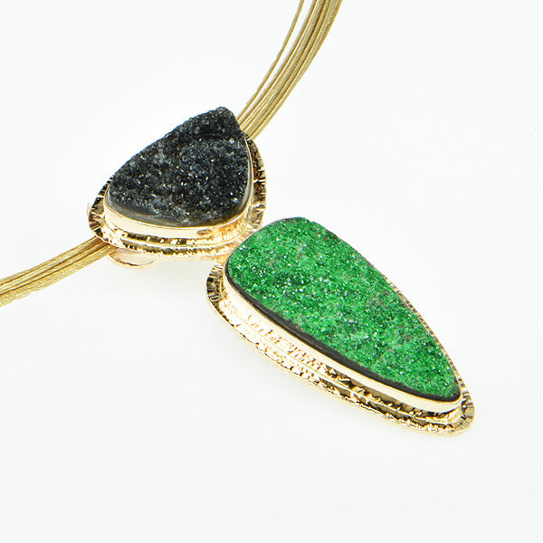 Drusy Uvarovite Garnet and Drusy Black Quartz Cabochon Pendant