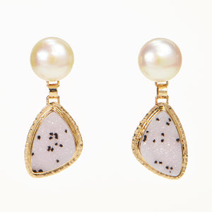Salt and Pepper Drusy Quartz Cabochon and Pearl Earrings