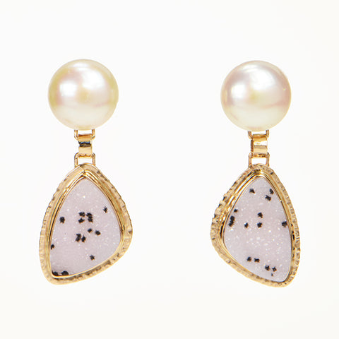 Salt and Pepper Drusy Quartz Cabochon and Pearl Earrings