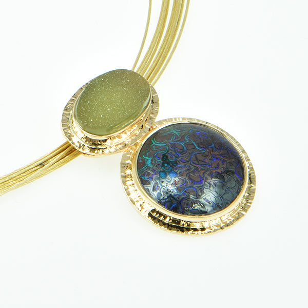 Drusy Prasiolite and Yowah Opal Cabochon Pendant