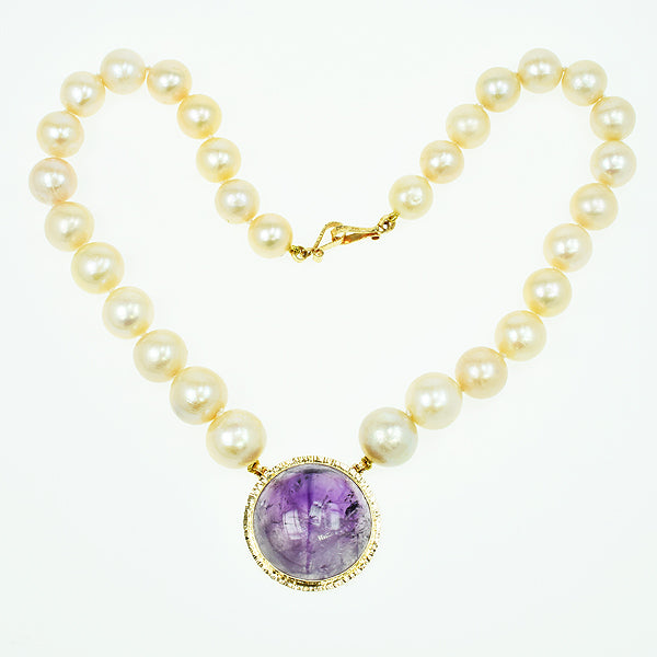 Amethyst Cabochon and Peach Freshwater Pearl Necklace