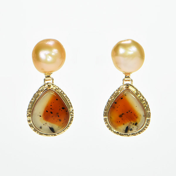 Apricot Slice Cabochon and Pearl Earrings