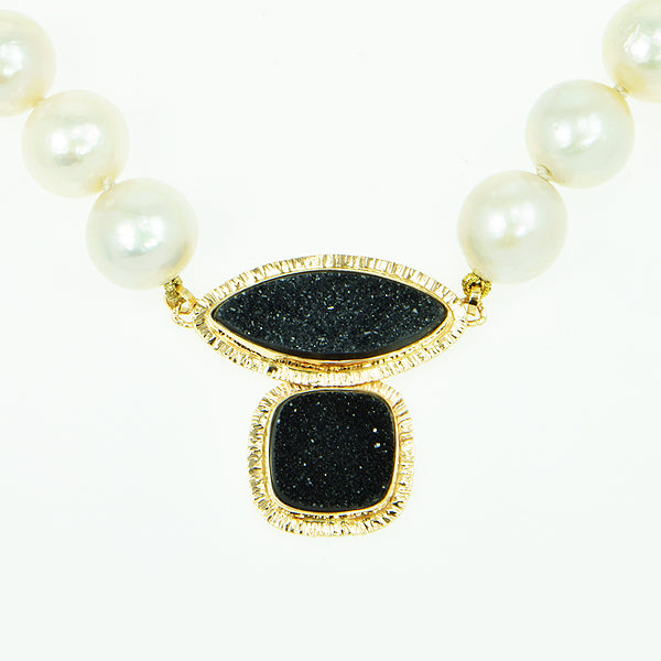Black Drusy Quartz Cabochon and Freshwater Pearl Necklace