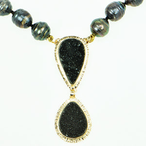 Black Drusy Quartz Cabochon and Tahitian Pearl Necklace