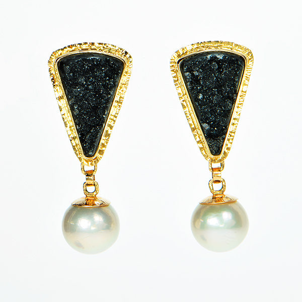 Black Drusy Quartz and Pearl Cabochon Earrings