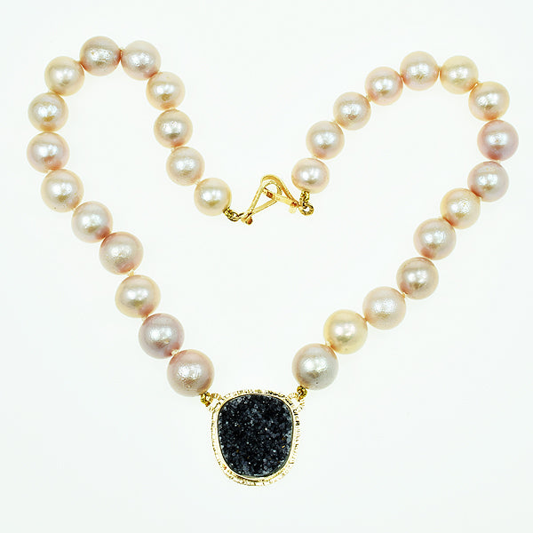 Charcoal Drusy Quartz Cabochon and Pink Freshwater Pearl Necklace