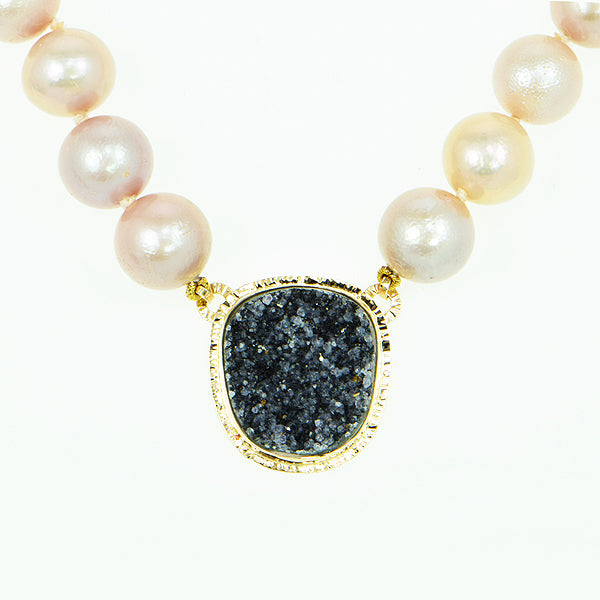 Charcoal Drusy Quartz Cabochon and Pink Freshwater Pearl Necklace