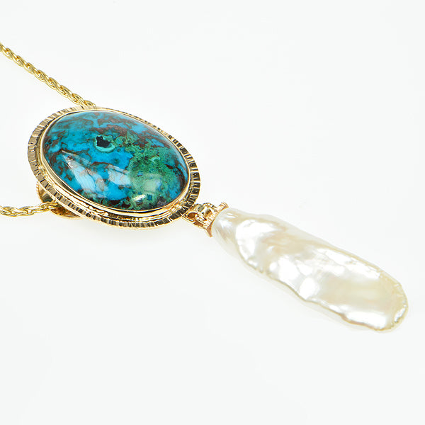 Chrysocolla Cabochon and Pearl Pendant