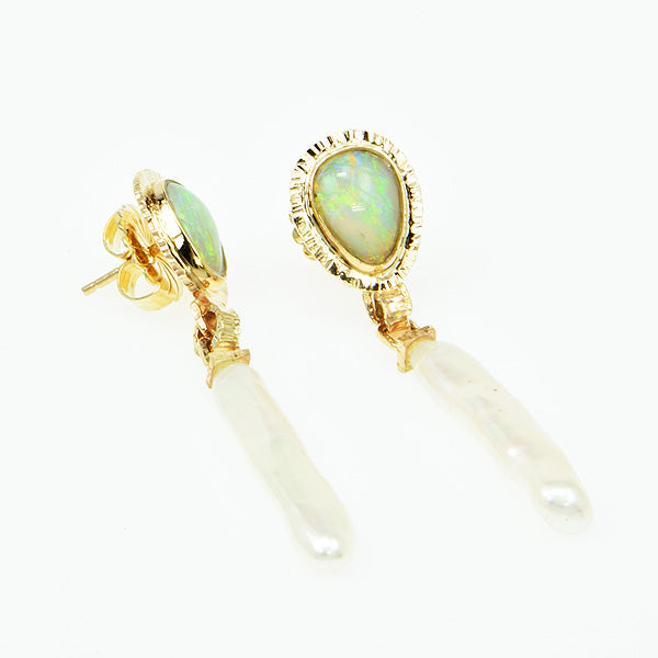 Crystal Opal Cabochon and Stick Pearl Earrings
