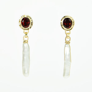 Ceylon Garnet Faceted and Stick Pearl Earrings