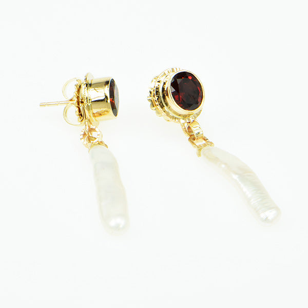Ceylon Garnet Faceted and Stick Pearl Earrings