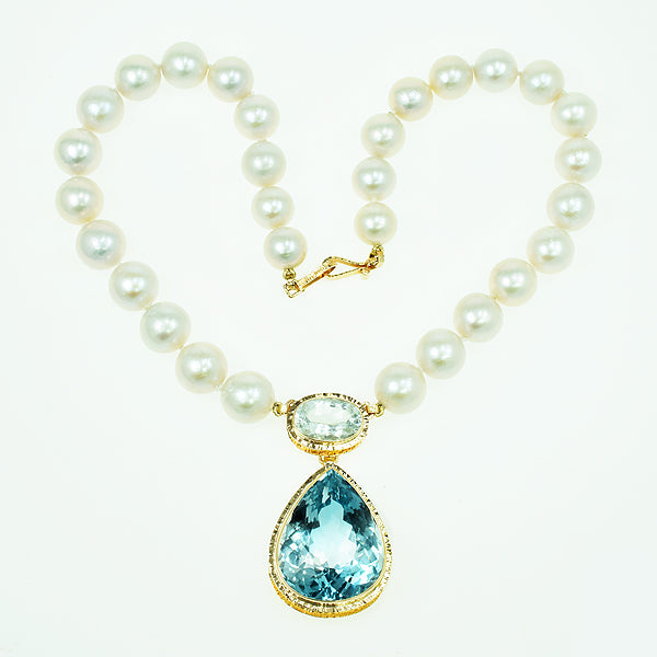 Natural Blue Topaz and Ice Aquamarine Faceted and Freshwater Pearl Necklace