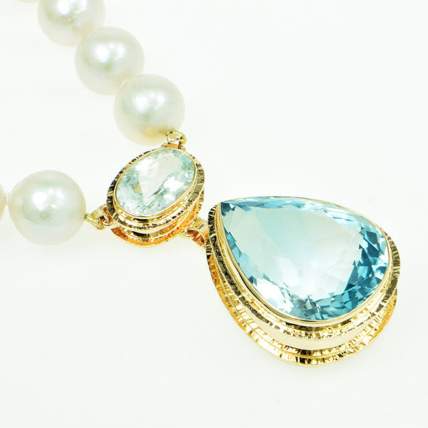 Natural Blue Topaz and Ice Aquamarine Faceted and Freshwater Pearl Necklace